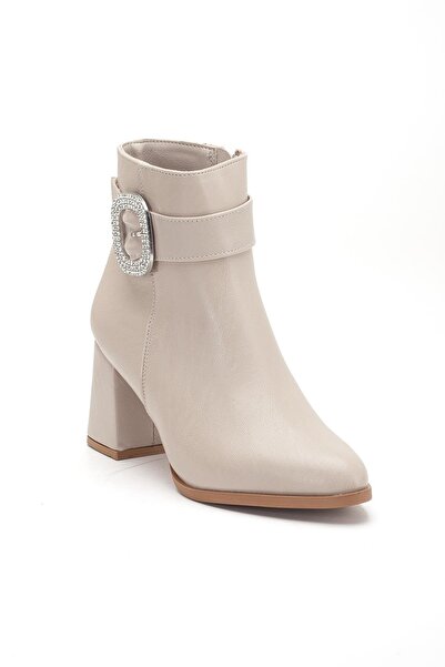 Dilimler Ayakkabı Beige Women's Thick Heeled Boots with Stone Buckle and Pointed Toe