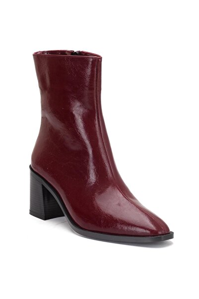 Dilimler Ayakkabı Burgundy Women's Thick Heeled Boots Patent Leather Blunt Toe Flat Bottom