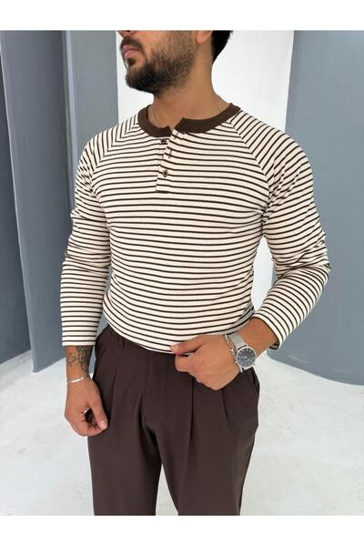 Combineman35 Мъжка раирана пуловер с копчета и ребра