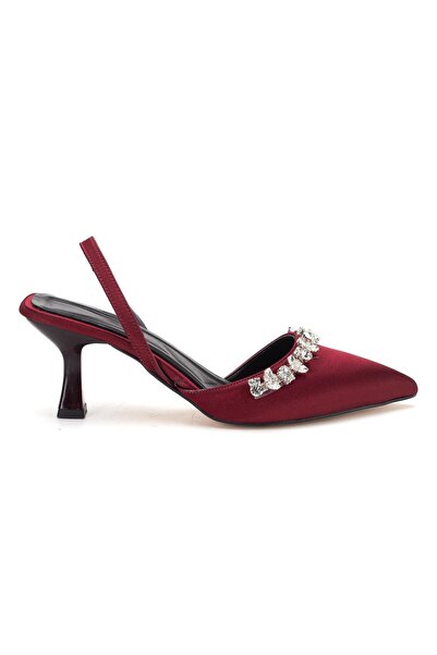 Dilimler Ayakkabı Satin Stone Symmetrical Cut Burgundy Beige Heeled Women's Evening Dress Shoes