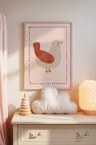 Posteria Tekli Doğal Ahşap Çerçeveli, Çiftlik Tavuğu Çocuk Odası Dekoru, El Y...