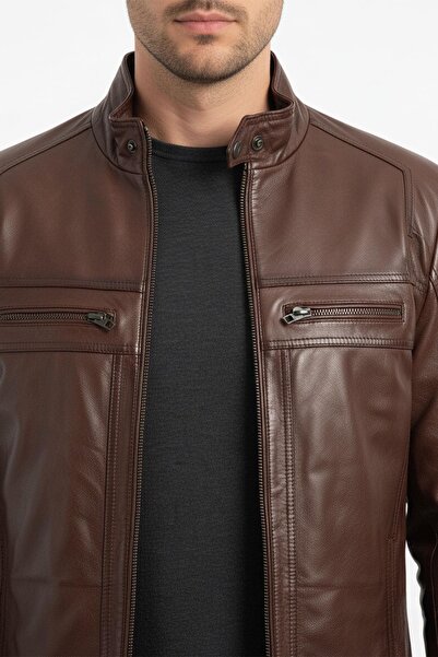 Deriderim Men's Genuine Leather Brown Coat
