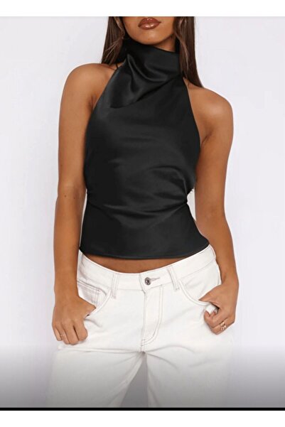 Linich&Co Μαύρη μπλούζα με σατέν γιακά και ανοιχτή πλάτη 9157