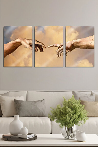 DekorHane Metal Print - 3 Piece Painting Creation of Adam Hands Modern Wall Decor