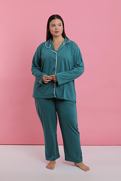 Akbeniz Women's Plus Size Petrol Color Buttoned Pajama Set