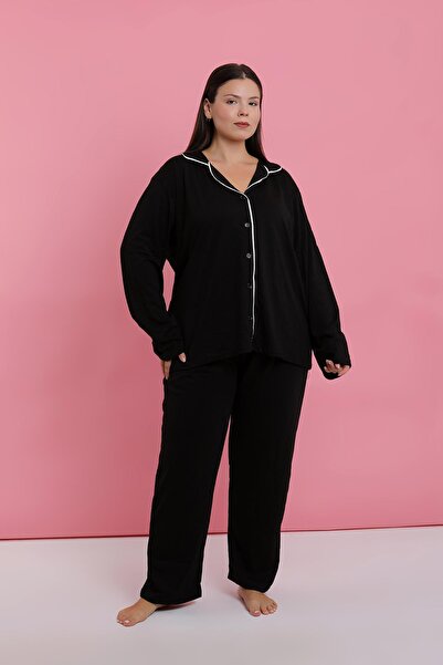 Akbeniz Women's Plus Size Black Buttoned Pajama Set