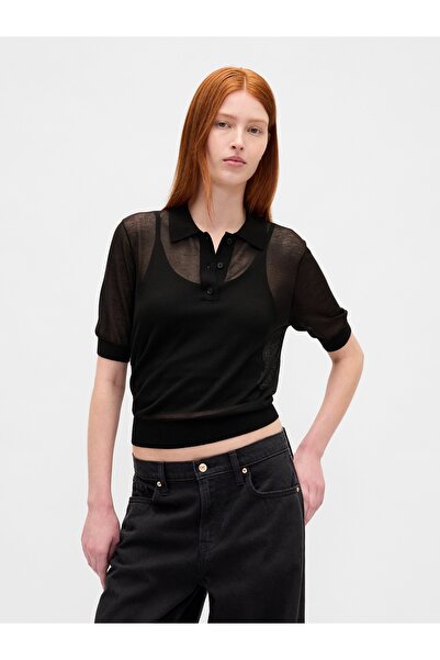 GAP Kadın Siyah Şeffaf Kısa Polo Kazak