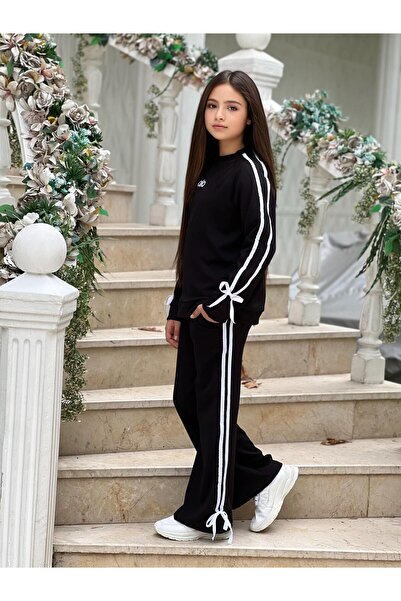 MUMİKİDS Girl's Ribbed Fabric Double Stripe Ribbon Tracksuit Set