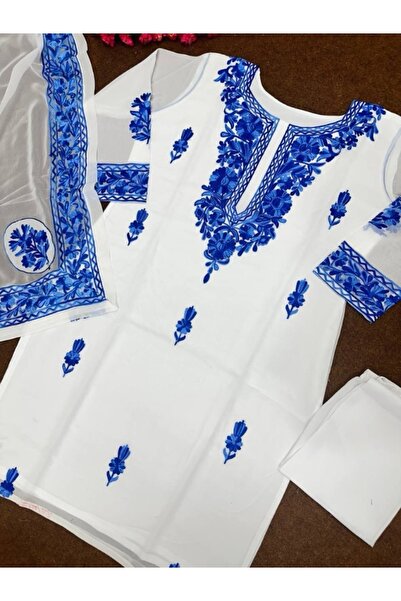 MYSMAR White Faux Georgette Salwaar Kameez Dupatta - FFT1219 | White