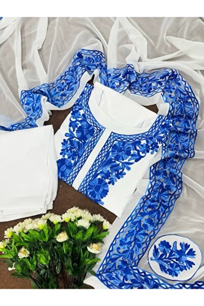 MYSMAR White Faux Georgette Salwaar Kameez Dupatta - FFT1219 | White