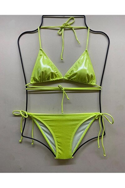 VAJESTO Kadın Açık Yeşil Pamuklu Şık Kaliteli Varaklı Baskı Parlak Bikini Takımı