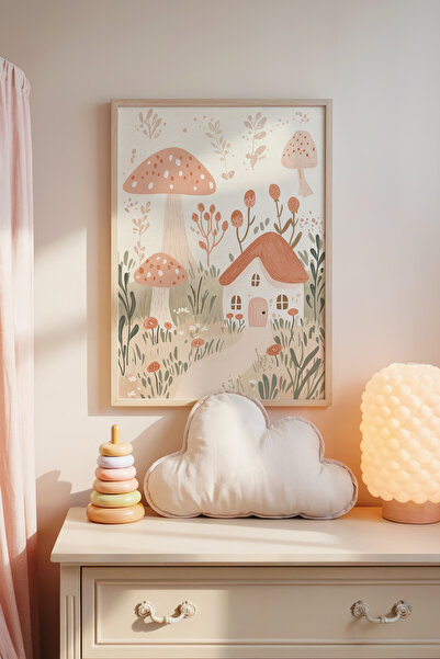 Posteria Tekli Doğal Ahşap Çerçeveli, Mantar Kasabası Çocuk Odası Dekoru,El Yapımı Görünümlü İskandinav Tablo