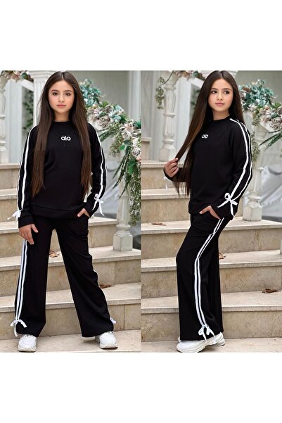 MUMİKİDS Girl's Ribbed Fabric Double Stripe Ribbon Tracksuit Set