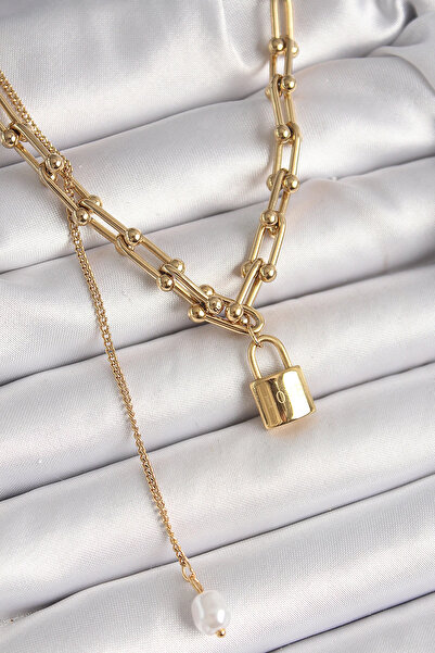 doremodam 316L Steel Gold Color Tiffany Chain Model Lock Figure Dangle Pearl Detail Women's Necklace