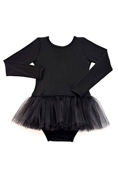 LULLY KİDS Kız Çocuk Siyah Uzun Kol Tütü Etekli Bale ve Cimnastik Mayosu