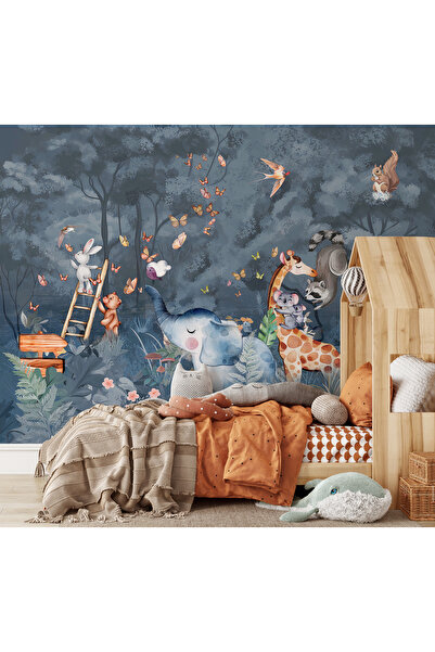 Tasarım Mavi Orman Sevimli Orman Dostları Rengarenk Kelebekler Gece Çocuk Oda...