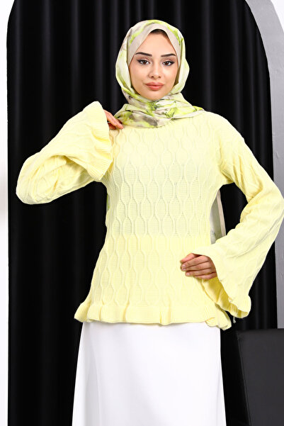 İmajButik Yellow Waist and Sleeve Frill Trim Knit Sweater