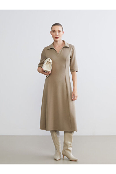 LC Waikiki LCWAIKIKI Κλασικό Καφέ Φόρεμα με Γιακά Πόλο Με εφαρμογή στη μέση