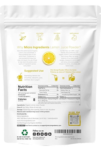Micro ingredients Organic Lemon Juice Powder, 10 oz | Cold-Pressed Lemon Source | Natural Vitamin C