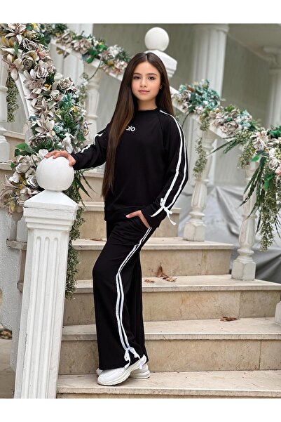 MUMİKİDS Girl's Ribbed Fabric Double Stripe Ribbon Tracksuit Set