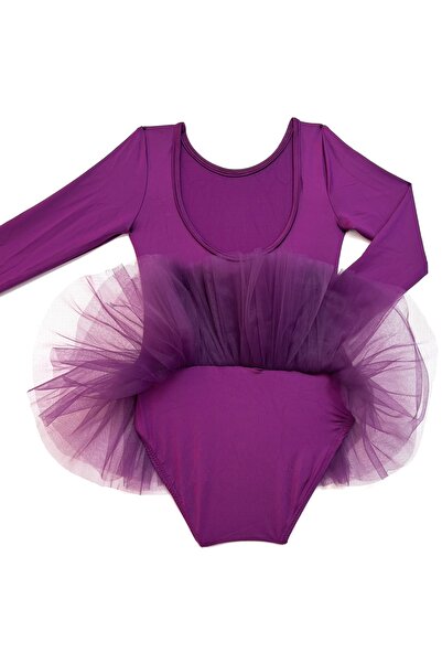 LULLY KİDS Kız Çocuk Bordo Mürdüm Uzun Kol Tütü Etekli Bale ve Cimnastik Mayosu