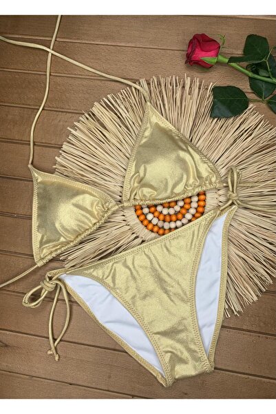 VAJESTO Kadın Sarı Pamuklu Şık Kaliteli Varaklı Baskı Parlak Bikini Takımı