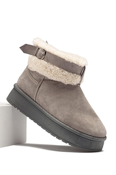 lady classy Жіночі сірі замшеві черевики з хутряною підкладкою, ремінцем на зап'ясті, низьким каблуком і зимовою підошвою