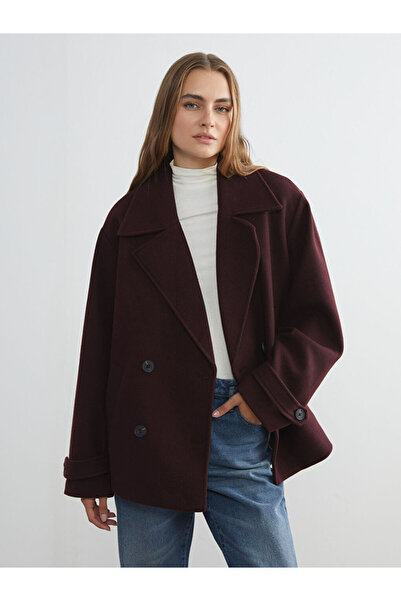 LC Waikiki Mürdüm Kruvaze Yaka Kadın Kaşe Kaban