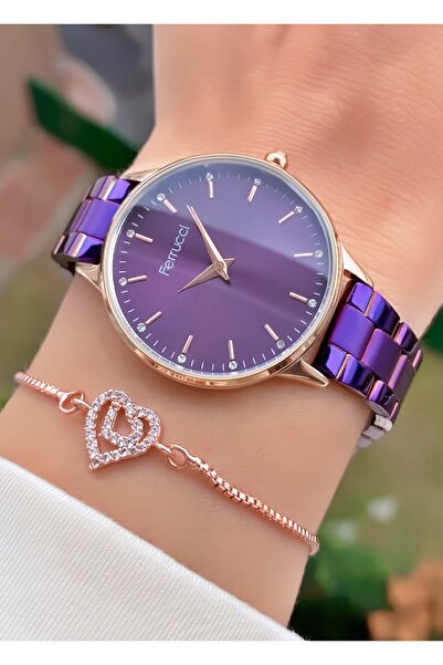 Ferrucci Kadın Kol Saati – Mor Kadran, Rose Gold Çelik Kordon, Taşlı Minimal Tasarım, Bileklik Hediyeli