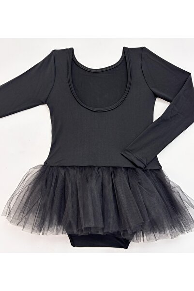 LULLY KİDS Kız Çocuk Siyah Uzun Kol Tütü Etekli Bale ve Cimnastik Mayosu