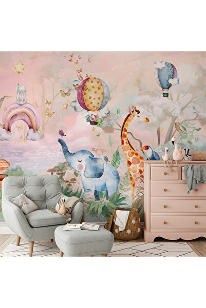 Tasarım Pembe Gökyüzü Tropikal Yapraklar Renkli Hayvanlar Alemi Sevimli Çocuk Odası Duvar Kağıdı