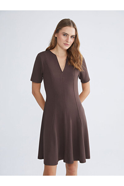 LC Waikiki Brown Collarless Dress with Waist Tie
