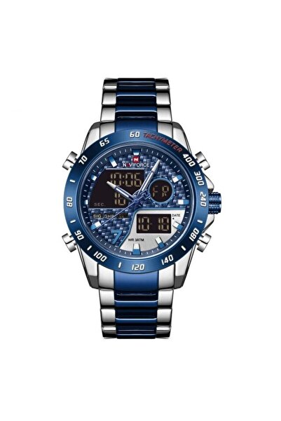 Naviforce Ceas de mână bărbătesc cuarț cu LED digital din oțel inoxidabil, curea din oțel inoxidabil, oră duală