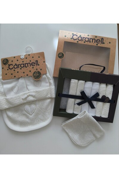Caramell My Baby Kumsal 3-Piece Set Accessories Gloves Apron Beanie Tıny Lace 2081 and 7-Piece Baby Wipes Set