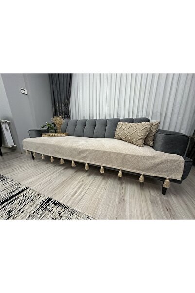 Doğa Döşemelik Kumaş Bohem Püsküllü Koltuk Örtüsü BEJ 100X220