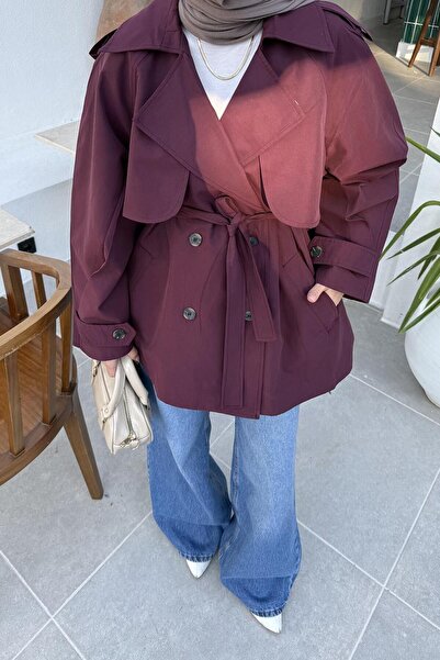 lamelif Κοντό παλτό με επένδυση ώμου μπορντό