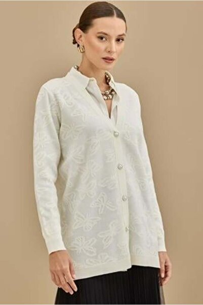 Tığ Triko Knitwear Butterfly Glitter Jacquard Knitwear Cardigan - Ecru