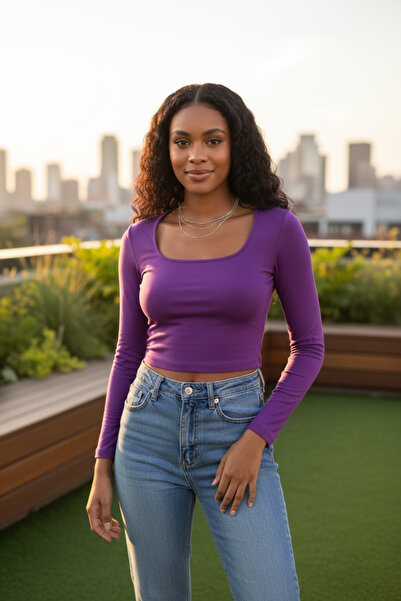 TRENDY Kare yaka uzun kol elasten crop&body