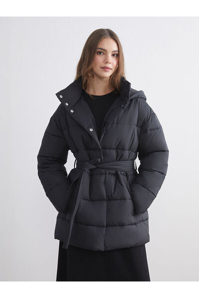 LC Waikiki Black Hooded Women's Puffer Jacket with Belt