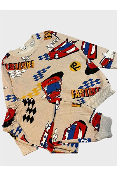 ALİŞ KİDS Boys' Cotton Ribbed Brown Race Car Patterned Long Sleeve Winter Pajama Set
