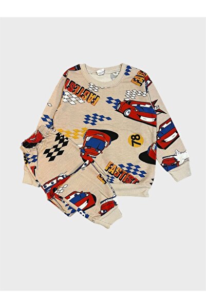 ALİŞ KİDS Момчешки памучен фланелен комплект зимни пижами с дълги ръкави и мотив на състезателни коли в кафяво