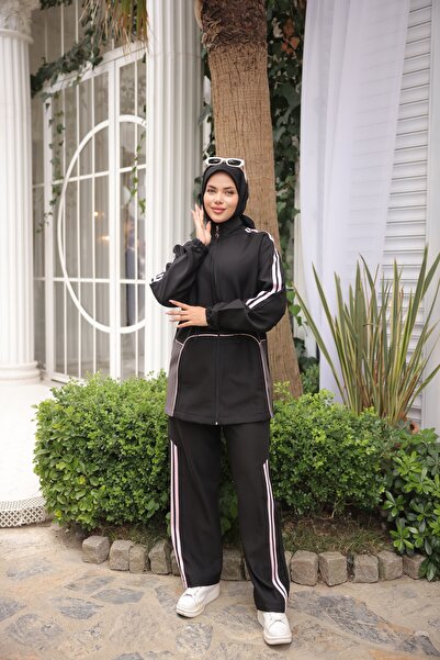MİMİ Luxury Wear Women's Hijab Tracksuit Set Top and Bottom Set with Zipper