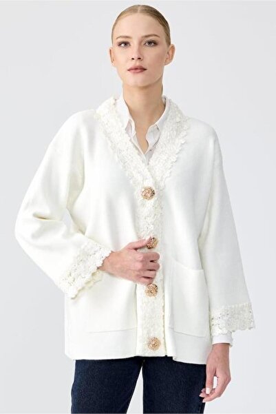 Genel Markalar Triko Kol Ve Pat Detaylı Düğmeli Triko Hırka - Ekru