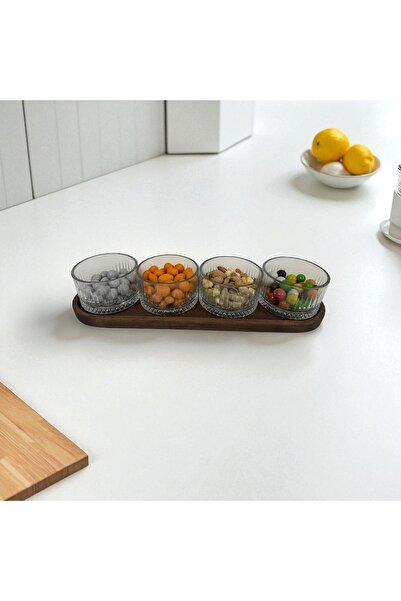 Kulvar Premium 4-Piece Long Wooden Lid Tray Set with Paşabahçe Elysia Glass Breakfast & Snack Bowl Set