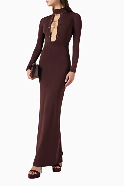 Elisabetta Franchi Jewel Yüksek Yakalı, Açık Sırtlı Maxi Triko Elbise