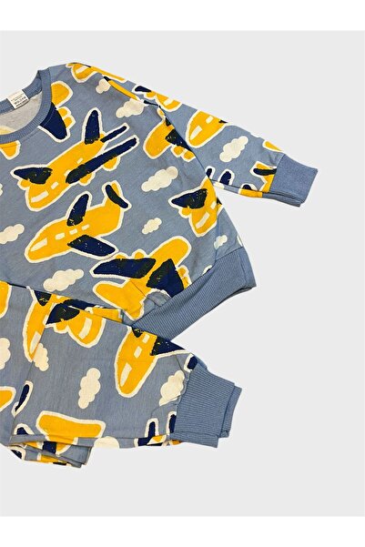 ALİŞ KİDS Erkek Çocuk Pamuklu Şardonlu Mavi Renk Uçak Desenli Uzun Kollu Kışlık Pijama Takımı