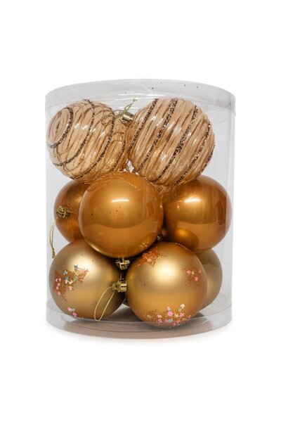 OEM Set of 12 Christmas baubles, 3 different models in the set, Special models, Plastic, Ø8cm, Gold/Brown