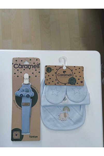 Caramell My Baby Kumsal 3-Piece Set Accessories Glove Apron Beanie Good Baby 2077 and Blue Car Pacifier Strap