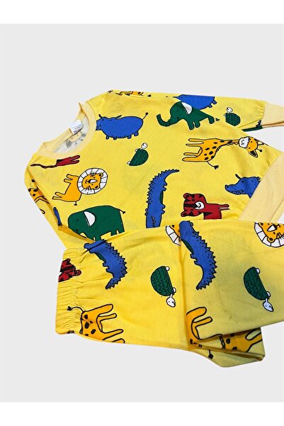ALİŞ KİDS Erkek Çocuk Pamuklu Şardonlu Sarı Safari Desenli Uzun Kollu Kışlık Pijama Takımı