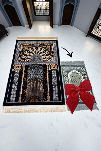 RAVZA HOMEE Gold Mihrab Velvet Prayer Rug Children's Prayer Rug with Gift